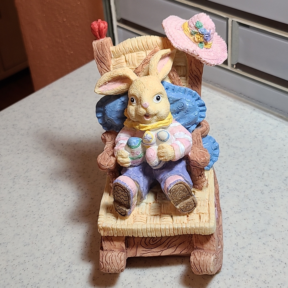 Bunny rabbit in rockin chair figurine super cute collectible